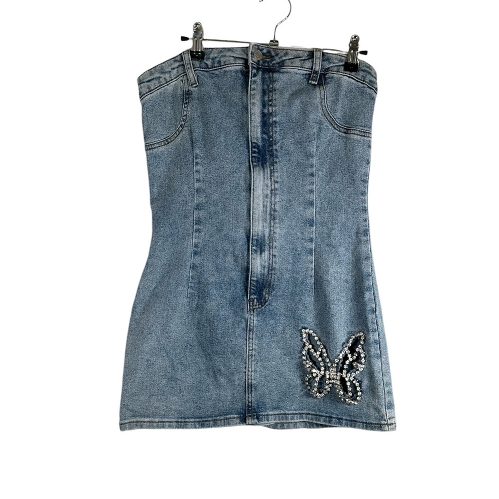 Akira Butterfly Kiss Embellished Denim Mini Tube Dress Sz M - Picture 2 of 11